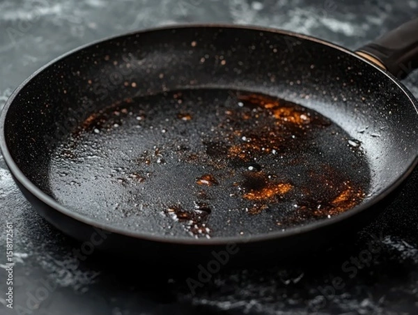 Obraz Used Frying Pan with Oil and Burnt Residue
