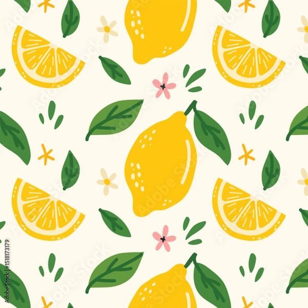 Fototapeta Lemon pattern in a fresh and summer style. Hand-drawn lemons with leaves and flowers. Perfect for packaging, textiles, backgrounds, wallpapers, cards, prints and decor. Citrus tropical fruits.