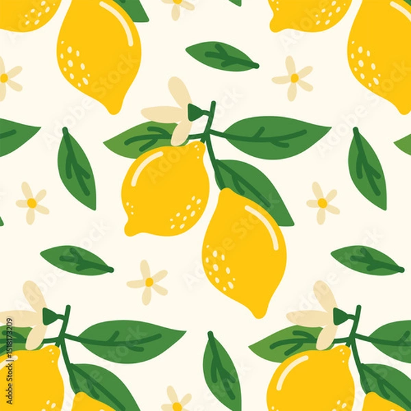 Fototapeta Lemon pattern in a fresh and summer style. Hand-drawn lemons with leaves and flowers. Perfect for packaging, textiles, backgrounds, wallpapers, cards, prints and decor. Citrus tropical fruits.