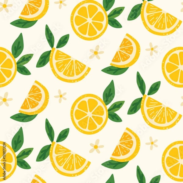 Fototapeta Lemon pattern in a fresh and summer style. Hand-drawn lemons with leaves and flowers. Perfect for packaging, textiles, backgrounds, wallpapers, cards, prints and decor. Citrus tropical fruits.