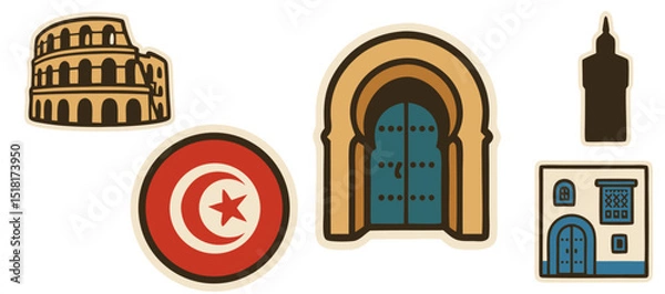 Fototapeta Tunisia Landmarks Vector Stickers – Historic Architecture, Flag, Door and Cultural Icons – Transparent Background
