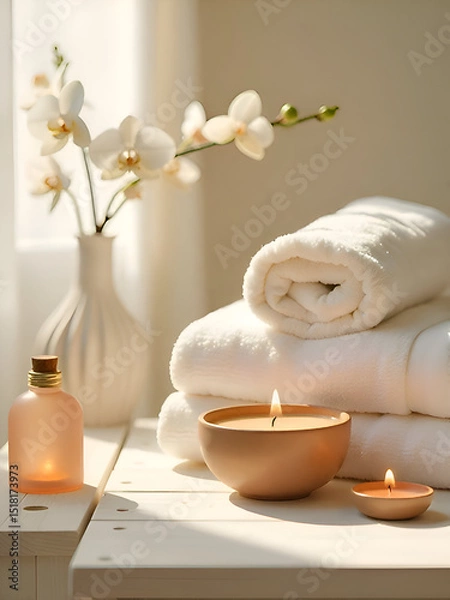 Obraz Folded towels and wax candles