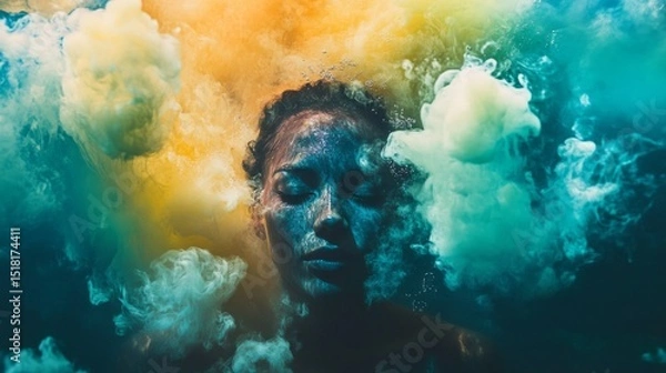 Fototapeta A woman floats underwater with her eyes closed, her face painted in vivid colors. Surrounding her are swirls of colorful smoke, creating a surreal and dreamlike atmosphere