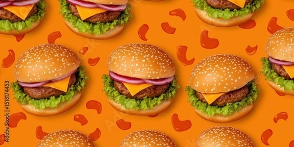 Fototapeta Seamless pattern of realistic burgers with sesame buns, lettuce, tomato, and meat on a vibrant orange background. Perfect for fast food branding, menus, or pop-art style projects.