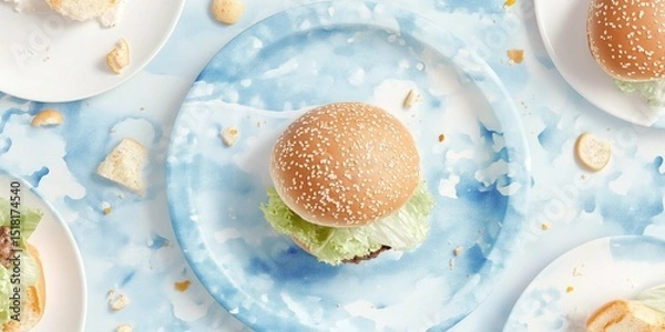Fototapeta Minimal burger with lettuce and tomato on a blue ceramic plate over textured background with splashes. Modern food styling, perfect for ads, menus, or social media content..