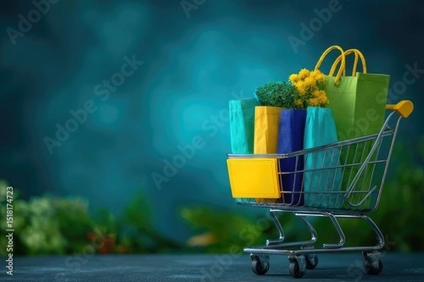 Obraz Shopping cart full of reusable bags 