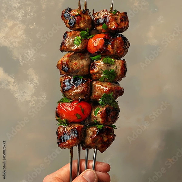 Fototapeta Grilled meat skewers with colorful vegetables are held by hand, showcasing delicious and appetizing dish. vibrant colors and charred texture evoke sense of summer barbecues and outdoor gatherings