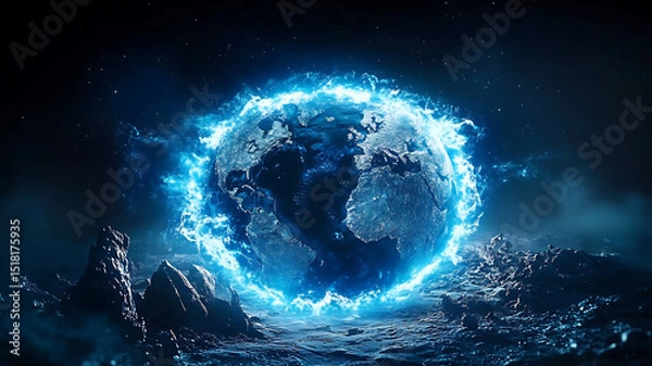 Fototapeta Stunning rendering of frozen Earth surrounded by glowing blue energy, showcasing mystical atmosphere and dramatic lighting. scene evokes sense of wonder and beauty