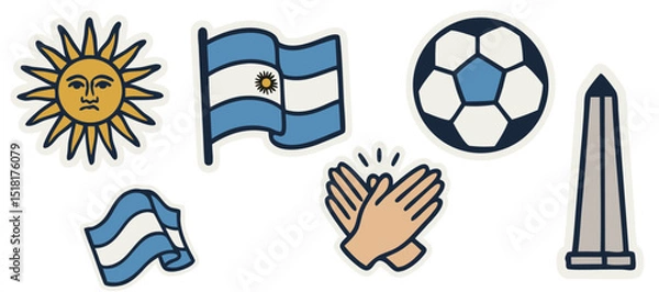 Fototapeta Argentinian Symbols Vector Stickers – Flag, Sun, Football, Obelisk and Celebration Gesture – Transparent Background
