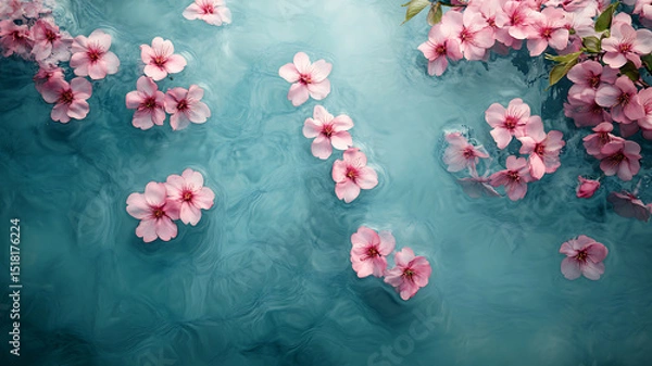 Fototapeta Serene view from above of tranquil water surface adorned with floating pink flowers, creating peaceful and calming atmosphere. gentle ripples enhance beauty of nature