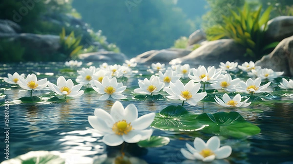 Fototapeta Serene view of tranquil water surface adorned with blooming white water lilies, surrounded by lush greenery and smooth stones, creating peaceful natural setting