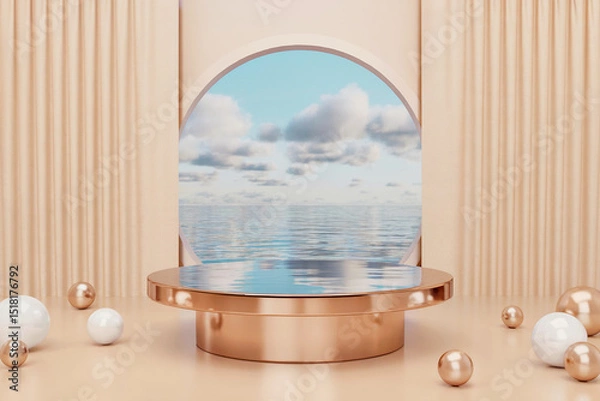 Obraz 3d render of product display stage with golden accents and ocean view background