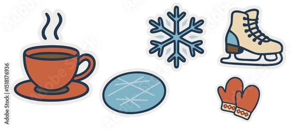 Fototapeta Russian Winter Vector Stickers – Hot Tea, Snowflake, Ice Rink, Ice Skates and Mittens – Transparent Background
