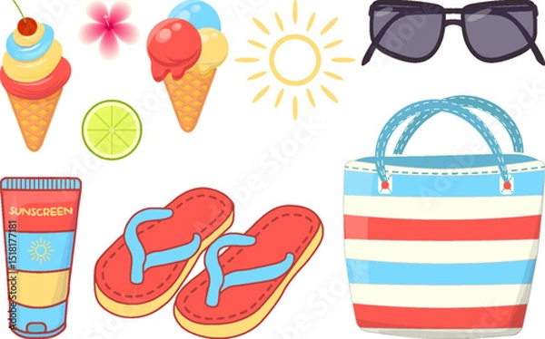 Fototapeta Summer beach clipart set with colorful vacation elements like ice cream, flip-flops, sunglasses, sunscreen, beach bag, and sun icons Fun style isolated on white isolated transparent back