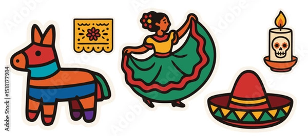 Fototapeta Mexican Culture Vector Stickers – Piñata, Folkloric Dancer, Papel Picado, Sombrero and Candle – Transparent Background
