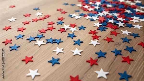 Fototapeta A collection of red, white, and blue stars on a wooden surface for american festivities.
