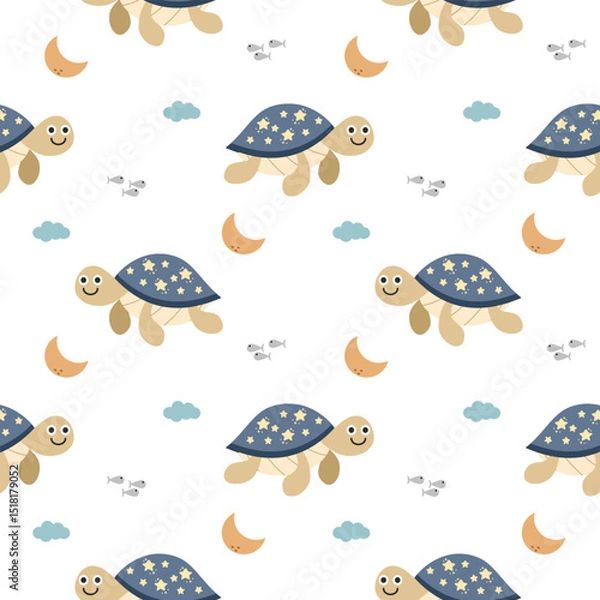 Fototapeta Turtle cartoon so cute. On moon cloud fish white background. Pattern seamless vector illustration. 
