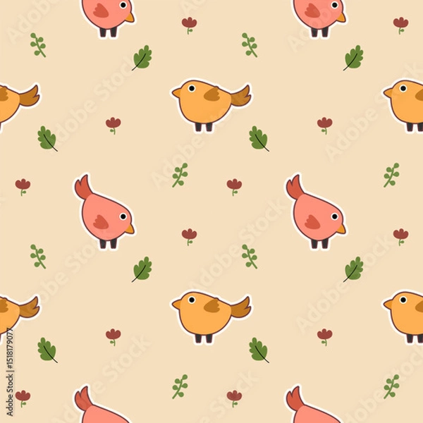 Fototapeta Bird yellow and pink cartoon so cute. On leaf flower background. Pattern seamless vector illustration. 