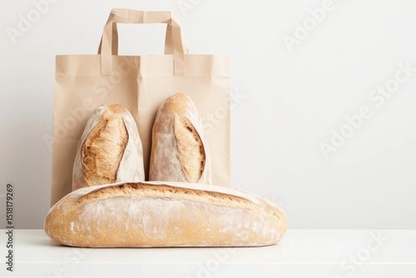 Fototapeta Rustic paper bag filled with fresh crusty baguettes on a white surface and light background. Minimal composition perfect for bakery ads, organic food branding, or eco-friendly packaging.
