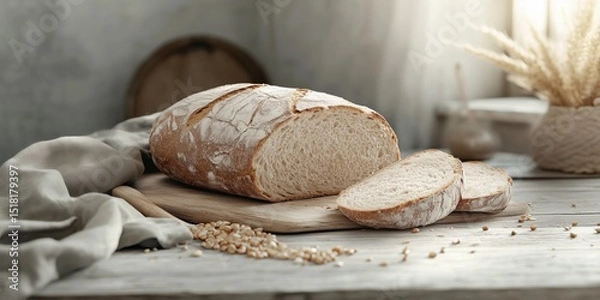 Fototapeta Rustic sliced artisan bread with a crisp crust and fluffy interior, placed on linen cloth over vintage wooden background. Ideal for bakery promotions and food blogs..