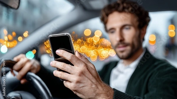 Fototapeta Man is driving a car and looking at his cell phone. Concept of distraction and lack of focus on the road, which can be dangerous while driving