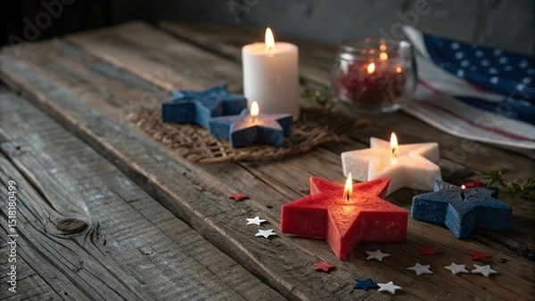 Fototapeta A warm scene showcasing star-shaped candles glowing on a rustic wooden table.