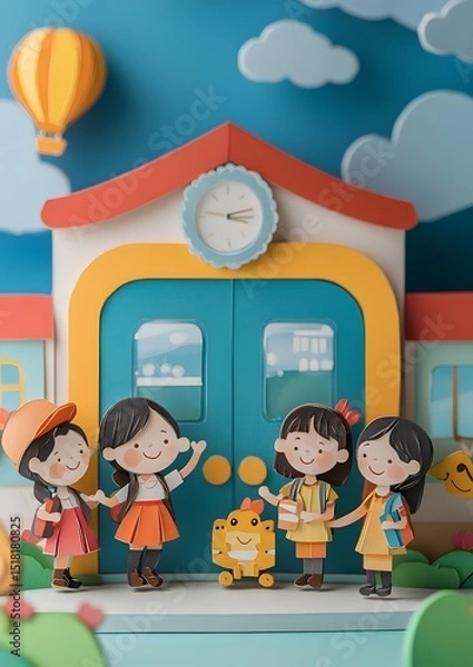Obraz new student entering classroom and being welcomed paper cut friendly scene