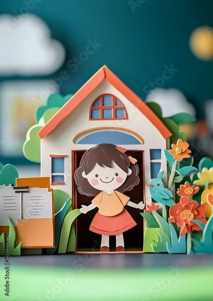 Obraz new student entering classroom and being welcomed paper cut friendly scene