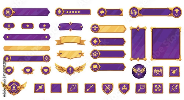 Obraz Fantasy game ui elements with purple and gold badges and icons for video game design