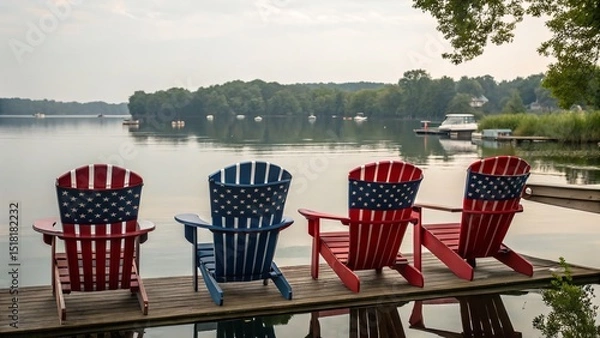 Fototapeta Adirondack chairs draped in the American flag's design, ready for a relaxing lakeside view.