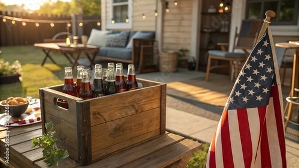 Fototapeta A patriotic backyard scene featuring an american flag, soda bottles, and festive patio setting.