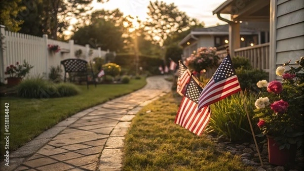 Fototapeta American flags adorn a beautiful garden pathway, celebrating independence day with a warm, golden sunset.