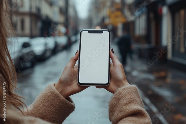 Fototapeta Woman holding phone with blank screen in urban setting on a rainy day