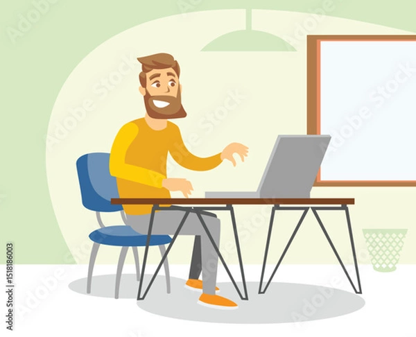 Obraz A man freelancer working with a laptop sitting at the workplace. Vector illustration of a man working on a computer.