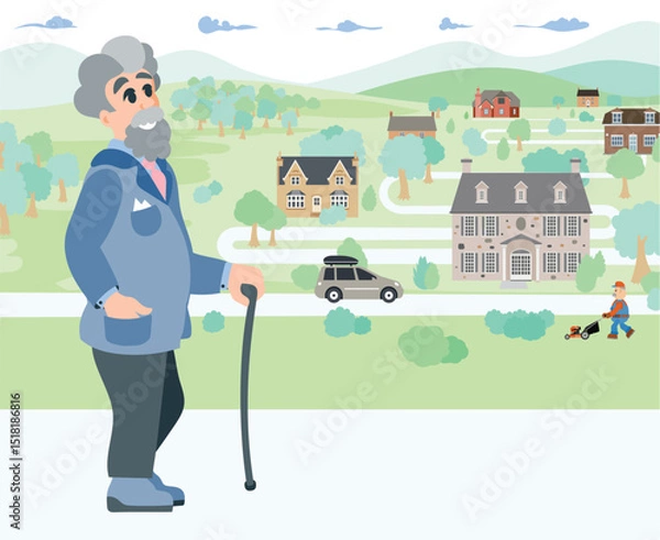 Obraz An elderly gentleman walks through a neighborhood. Vector illustration of a neighborhood.