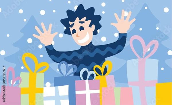 Obraz A boy is happy with the gifts he received. Illustration of a child with New Year's gifts.
