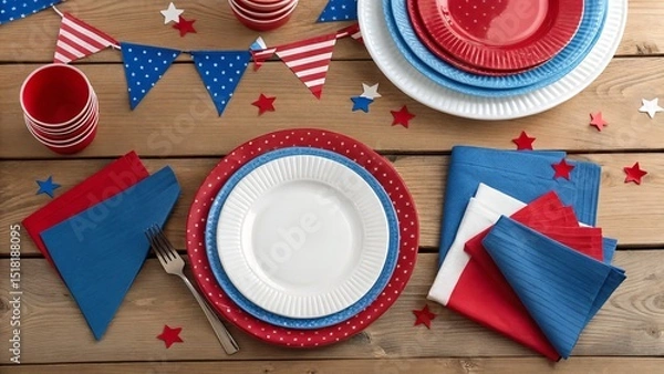 Fototapeta A patriotic table setting with plates, napkins, and decorations, perfect for a festive summer party.