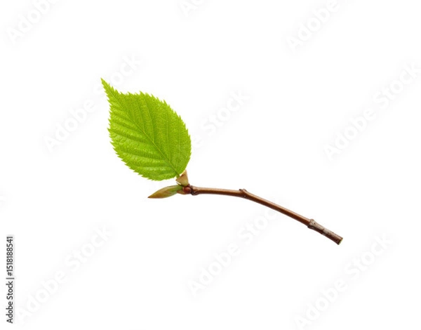 Fototapeta Fresh green leaf with serrated edges and a small twig with buds