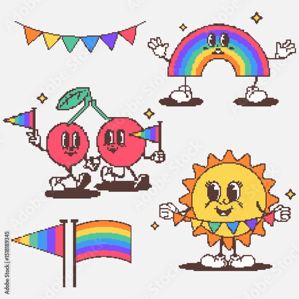 Fototapeta Vector illustration. Pixel rainbow arch, cherries holding Pride flags, and sun with heart-shaped glasses shine together in retro game style full of joy and LGBTQ colors. Concept of queer identity