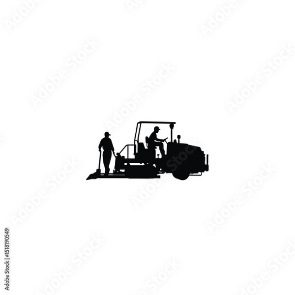 Obraz Silhouette of a paving machine with workers on white background