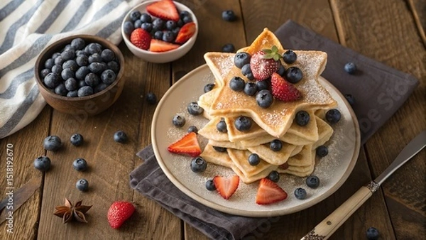 Fototapeta A delicious stack of star-shaped pancakes is topped with fresh blueberries and strawberries.
