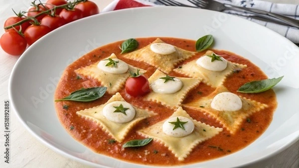 Fototapeta Delicious ravioli in tomato sauce, topped with mozzarella and fresh basil, ready to eat.