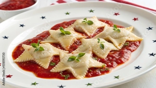 Fototapeta Star-shaped ravioli pasta served in tomato sauce and garnished with basil on a decorated plate.
