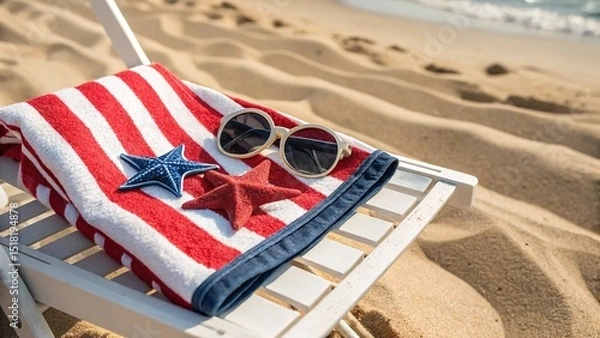 Fototapeta A beach scene displays a red and white striped towel with starfish and sunglasses ready for a relaxing summer.