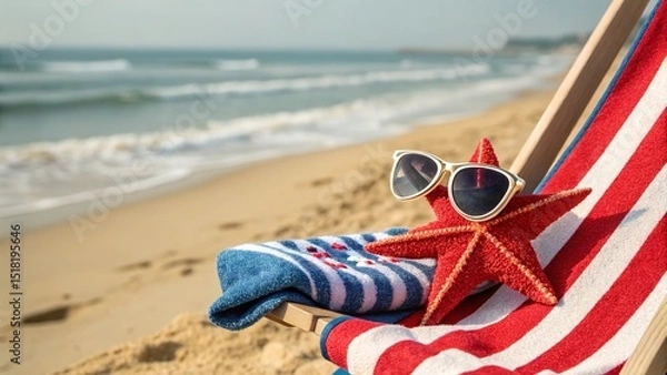 Fototapeta A red starfish wearing sunglasses, beach chair with a towel, and the beautiful ocean background.