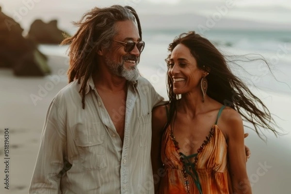 Obraz Portrait of a satisfied mixed race couple in their 40s walking on beach
