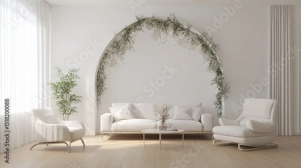Fototapeta Modern living room with white sofa, green arch, and dried flowers, embodying minimalistic elegance and natural simplicity.
