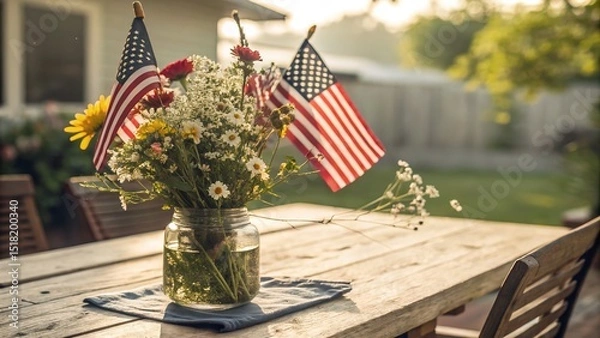 Fototapeta A vibrant floral arrangement with american flags, perfectly set on a rustic wooden table outdoors.