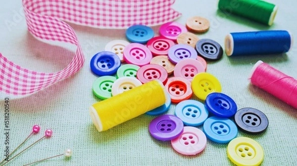 Fototapeta Colorful plastic toy buttons for sewing, isolated on a white background, perfect for play and education