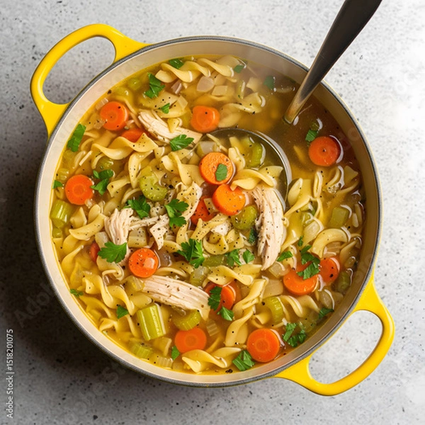 Fototapeta A comforting pot of chicken noodle soup, richly textured with noodles, carrots, celery, and shredded chicken, with a ladle